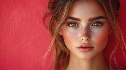 Naklejka premium Beauty and skin care products banner concept. A beautiful young woman model in a soft red background
