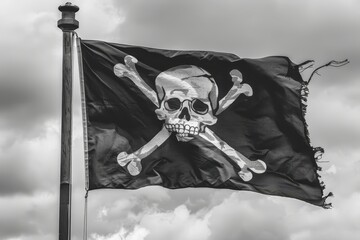 Monochrome pirate flag on a pole