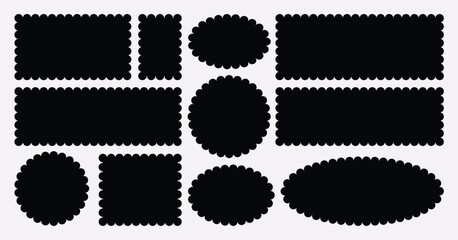Zig zag edge rectangle, circle, oval shape collection. Jagged rectangle, oval and circle. Isolated elements for design of text box, badge, banner.	