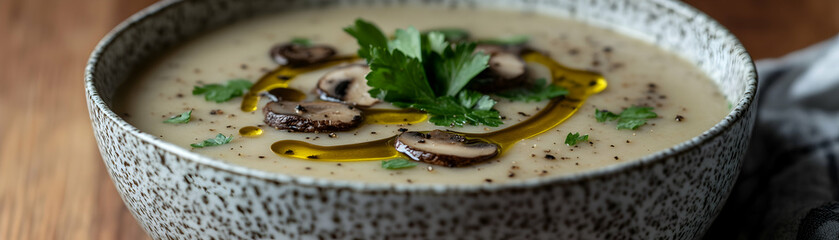 Creamy mushroom soup in a rustic bowl, garnished with parsley and olive oil.