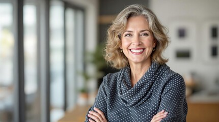 Fototapeta premium Headshot portrait of beautiful mid aged woman posing indoors with healthy toothy smile. Happy elderly female renter tenant buyer of new apartment flat office space looking at camera at relocation day