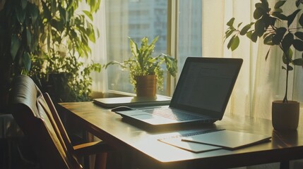 Sunlit Workspace Laptop Productivity Plants Home Office Illustration