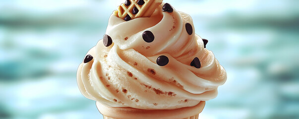 Creamy vanilla ice cream cone with chocolate chips and waffle topper.