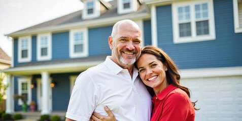 Smiling older couple in front of a large blue suburban home
