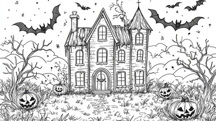 Coloring page of Spooky Halloween Haunted House Surrounded by Bats and Jack-o'-Lanterns in a Creepy Graveyard Setting for Trick-or-Treating or Fall Festivities
