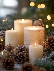Christmas Decor with Candles, Pine Cones, and Lights - Festive Christmas scene featuring lit candles, pine cones dusted with snow, warm lights, creating a cozy and inviting atmosphere. Symbolizing war