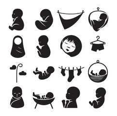 Newborn baby black set silhouette vector illustration