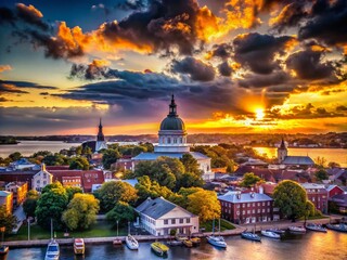 Fototapeta premium Monochrome Silhouette of Annapolis Skyline: A Panoramic View Capturing the Charm and Elegance of Maryland's Historic Waterfront City in Stunning Black and White Contrast