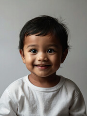 A joyful baby smiles brightly in a simple, plain background.