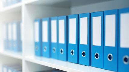Blue file binders neatly lined up on white shelves in a workspace