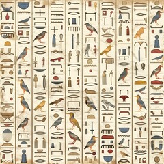 Ancient egyptian hieroglyphs showing birds forming a seamless pattern