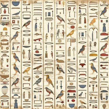 Ancient egyptian hieroglyphs showing birds forming a seamless pattern
