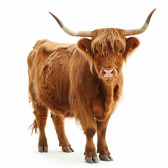 Highland cow standing on white background