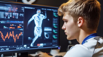 Close-up of a sports scientist analyzing motion on a computer screen with graphs and data