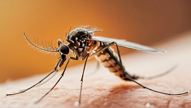 Close-Up of a Mosquito on Human Skin in the Wild, A Detailed Glimpse into Nature's Tiny Predator
