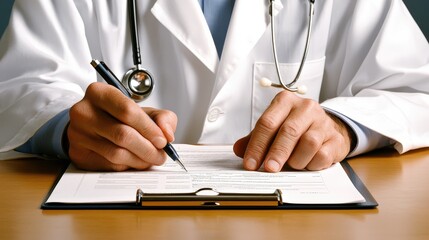 Medical office close-up doctor writing on clipboard in professional healthcare environment