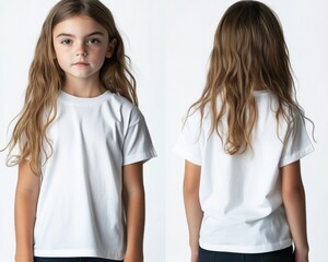 Child Model Posing in Simple White T-Shirt with Long Hair, Front and Back View, Studio Background Ideal for Apparel and Fashion Photography