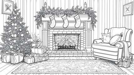 Coloring page of Cozy Holiday Living Room Interior Design Sketch with Christmas Tree, Fireplace, Stockings, and Gifts - A Festive Winter Scene for Coloring or Decoration