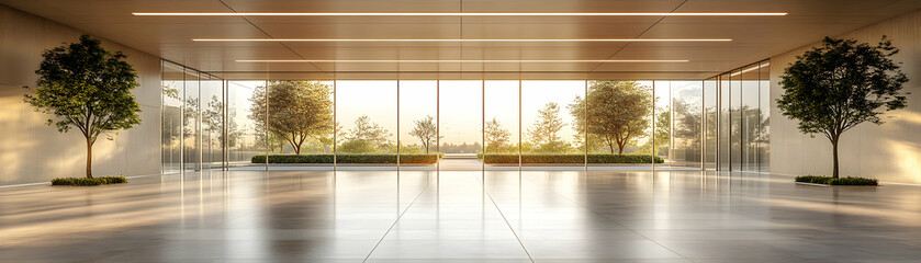 Naklejka premium Modern Building Interior, Spacious Lobby with Glass Walls, showcasing a serene outdoor landscape bathed in warm sunset light.