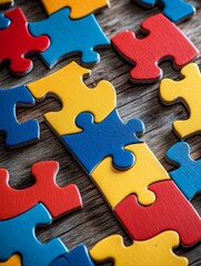 Fototapeta premium Colorful Jigsaw Puzzle Pieces on Wood: Teamwork and Solution - Colorful jigsaw puzzle pieces arranged on wood symbolize teamwork, problem-solving, unity, connection, and completion.