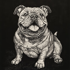 A cheerful Bulldog with its characteristic wrinkles and a wagging tail, showcasing its friendly personality. The scratchboard engraving captures fine textures in bold black-and-white.