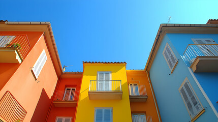 Obraz premium Vibrant Colorful Building Facades, Sunny Day, Mediterranean Architecture, Balconies, Windows, Exterior, Bright Colors, Architectural Details, Summer Vibes, Happy Home