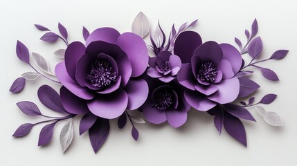 Artistic floral arrangement with stunning purple paper flower cutouts and delicate leaves, showcasing a vibrant summer theme.