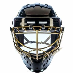 Goalie helmet with gold cage isolated on white background