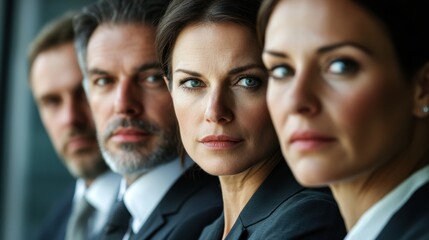 Fototapeta premium Close-up of four businesspeople leaning in during a work conversation, each with focused expressions