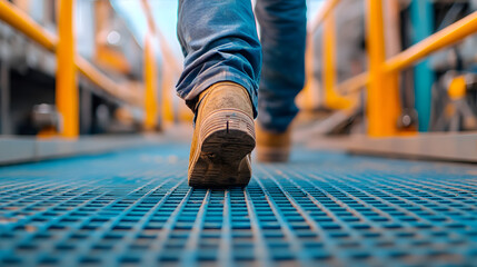 A close-up of a person walking on a metal grate in an industrial setting.
