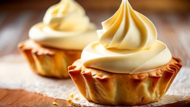 Vanilla lemon cupcakes rosettes baking with white cream just baked. Confectionery and bakery background