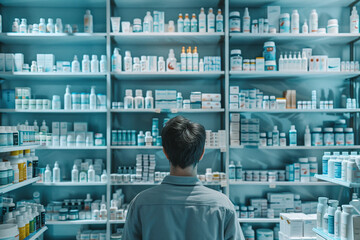 Young man browses pharmacy shelves, searching for medication and dietary supplements to support her health and wellness.