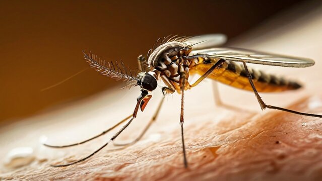 Close-Up of a Mosquito on Human Skin in the Wild, A Detailed Glimpse into Nature's Tiny Predator
