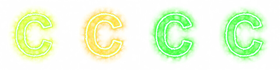 Set of 4 letter C with fire and smoke effects isolated on a transparent background. Transparent elements for graphic design.