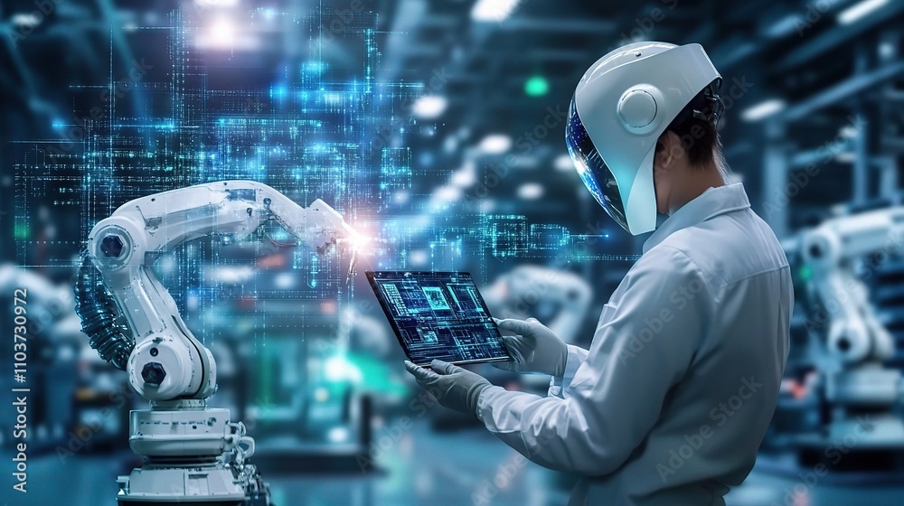 Poster futuristic robotics engineer working with smart automation technology