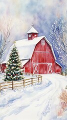 Winter Wonderland Barn Scene with Christmas Tree - Watercolor Painting