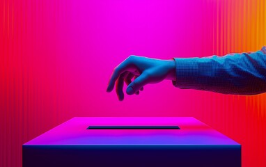 A 3D rendered, minimalist illustration of a person in a suit placing a ballot into a box, set against a vibrant neon background of pink, blue, orange, and purple.
