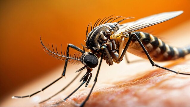 Close-Up of a Mosquito on Human Skin in the Wild, A Detailed Glimpse into Nature's Tiny Predator
