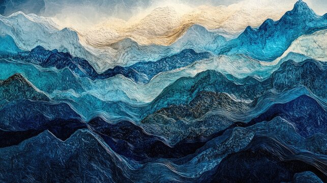 Abstract digital landscape featuring textured blue and brown mountainous relief forms with wavy lines and layers creating depth and movement.