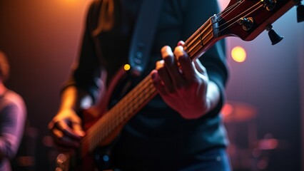 Obraz premium A musician passionately plays a bass guitar while performing on stage. The vibrant lights illuminate the atmosphere, creating an engaging experience for the audience during the energetic concert.