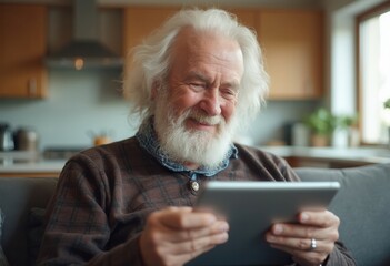 An elderly man with a long beard enjoys his time browsing content on a tablet in a cozy home setting. He is comfortably seated on a sofa, smiling as he engages with the digital world during a relaxed 
