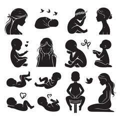 Newborn baby black set silhouette vector illustration