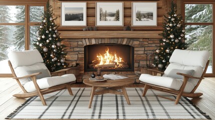 Cozy Living Room with Modern Armchairs, Stone Fireplace, and Christmas Trees in a Winter Wonderland Setting Surrounded by Snowy Forest Views