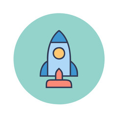 Good icon. Colorful rocket illustration in a playful design on a circular teal background