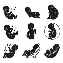 Newborn baby black set silhouette vector illustration