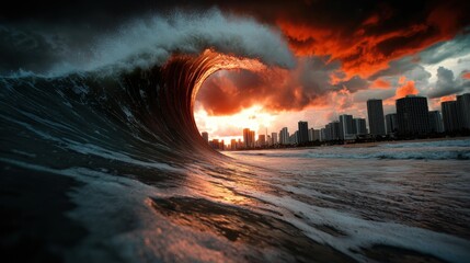 A powerful tsunami engulfing a coastal city at sunset