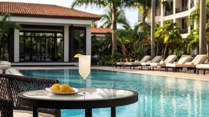A serene poolside scene featuring a refreshing cocktail and fruit on a table, surrounded by lush greenery and lounge chairs.