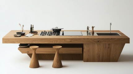 Obraz premium Wooden countertop and ceramic cooking top with elegant table setting.