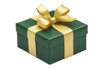 Green Gift Box with Gold Ribbon Bow Isolated on Transparent Background