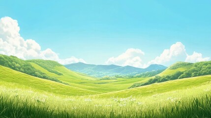 Obraz premium A tranquil scene of rolling hills and valleys beneath a clear blue sky. The lush fields stretch toward the horizon, evoking a serene natural atmosphere with ample copy space.